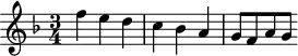 
\header {
  tagline = ##f
}

\score {
  \new Staff \with {

  }
<<
  \relative c'' {
    \key f \major
    \time 3/4
    \override TupletBracket #'bracket-visibility = ##f 
    \autoBeamOff

     %%%%%%%%%%%%%%%%%%%%%%%%%% 1d
     f4 e d c bes a g8[ f a g]

  }
>>
  \layout {
    \context {
      \remove "Metronome_mark_engraver"
    }
  }
  \midi {}
}
