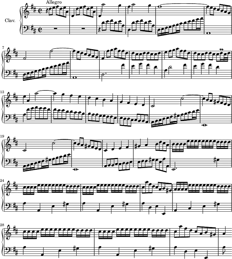 
\version "2.18.2"
\header {
  tagline = ##f
  % composer = "Domenico Scarlatti"
  % opus = "K. 298"
  % meter = "Allegro"
}

%% les petites notes
trillDqq     = { \tag #'print { d16\prall } \tag #'midi { \times 2/3 { d32 e d } } }

upper = \relative c'' {
  \clef treble 
  \key d \major
  \time 2/2
  \tempo 2 = 70
  \set Staff.midiInstrument = #"harpsichord"
  \override TupletBracket.bracket-visibility = ##f

      s8*0^\markup{Allegro}
      r4 \repeat unfold 2 { d8 e fis d e a, | d,4 } a''2 g4 | fis a2 g4 |
      % ms. 5
      fis1~ | fis4 e8 d cis b a g | fis2 fis'~ | fis4 e8 d cis b a g |
      % ms. 9
       fis4 fis'8 g a fis fis d | d cis cis d d cis cis d | e4 fis8 g a fis fis d | d cis cis d d cis cis \trillDqq cis32 d | e4 a, a'2~ |
      % ms. 14
      a4 g fis e | d cis b a | g fis e d | cis2 cis'~ |
      % ms. 18
      cis4 b8 a gis fis e d | cis2 cis'~ | cis4 b8 a gis fis e d | cis4  d e fis |
      % ms. 22
      gis4 a b8 d cis a | b16 b b b \repeat unfold 2 { e16[ e e e] } d16 d d d | \repeat unfold 2 { cis16 cis cis cis \repeat unfold 2 { e16[ e e e] } d16 d d d }
      % ms. 26
      cis8 a' fis d cis a b gis | a16 a a a \repeat unfold 2 { e'16[ e e e] } d16 d d d
      % ms. 28
      \repeat unfold 2 { cis16 cis cis cis \repeat unfold 2 { e16[ e e e] } d16 d d d } | cis8 a' fis d cis a b gis | 
      % ms. 31
      a4

}

lower = \relative c' {
  \clef bass
  \key d \major
  \time 2/2
  \set Staff.midiInstrument = #"harpsichord"
  \override TupletBracket.bracket-visibility = ##f

    % ************************************** \appoggiatura a16  \repeat unfold 2 {  } \times 2/3 { }   \omit TupletNumber 
      R1*2 | r4 d8 e fis d e a, | d,4 d'8 e fis d e a, | 
      % ms. 5
      \repeat unfold 2 { d,16 e fis g a8 b16 cis d8 e fis g16 a | a,,1 } | 
      % ms. 9
      d2. fis'4 | e g fis d | a d2 fis4 | e g fis d | a fis'8 g a g g fis |
      % ms. 14
      fis8 e e d d cis cis b | b a a g g fis fis e | e d d cis cis b b a | \repeat unfold 2 { a16 b cis d e8 fis16 gis a8 b cis d16 e |
      % ms. 18 et 21
      e,,1 } | a8 b b cis cis  d d e |
      % ms. 22
      e8 fis fis gis gis e a a, | e2. \repeat unfold 2 { gis'4 | a a, e' } gis |
      % ms. 26
      a4 d, e e, | a cis e gis |
      % ms. 28
      \repeat unfold 2 { a4 a, e' gis } | a d, e e, | 
      % ms. 31
      a'8 s8

}

thePianoStaff = \new PianoStaff <<
    \set PianoStaff.instrumentName = #"Clav."
    \new Staff = "upper" \upper
    \new Staff = "lower" \lower
  >>

\score {
  \keepWithTag #'print \thePianoStaff
  \layout {
      #(layout-set-staff-size 17)
    \context {
      \Score
     \override SpacingSpanner.common-shortest-duration = #(ly:make-moment 1/2)
      \remove "Metronome_mark_engraver"
    }
  }
}

\score {
  \keepWithTag #'midi \thePianoStaff
  \midi { }
}
