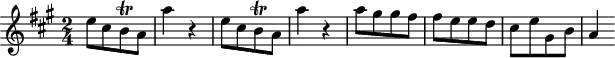 
\header {
  tagline = ##f
}

\score {
  \new Staff \with {

  }
<<
  \relative c'' {
    \key a \major
    \time 2/4
    \override TupletBracket #'bracket-visibility = ##f 
    %\autoBeamOff

     %%%%%%%%%%%%%%%%%%%%%%%%%% K15l
     e8[ cis b\trill a] a'4 r4 e8[ cis b\trill a] a'4 r4 a8[ gis gis fis] fis[ e e d] cis[ e gis, b] a4

  }
>>
  \layout {
    \context {
      \remove "Metronome_mark_engraver"
    }
  }
  \midi {}
}
