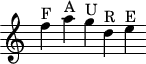 
\version "2.18.2"
\header {
  tagline = ##f
}

\score {
  \new Staff \with {
    \remove "Time_signature_engraver"
  }
<<
  \relative c'' {
    \key c \major
    \time 4/1
    \tempo 4 = 62
    \override TupletBracket #'bracket-visibility = ##f 

     %%%% 
     f4^\markup{F} a^\markup{A} g^\markup{U} d^\markup{R} e^\markup{E}

  }
>>
  \layout {
     \context { \Score \remove "Metronome_mark_engraver" }
  }
  \midi {}
}
