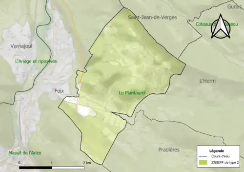 Carte de la ZNIEFF de type 2 sur la commune.