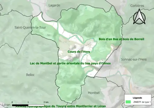 Carte des ZNIEFF de type 1 sur la commune.