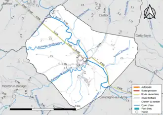 Carte en couleur présentant le réseau hydrographique de la commune