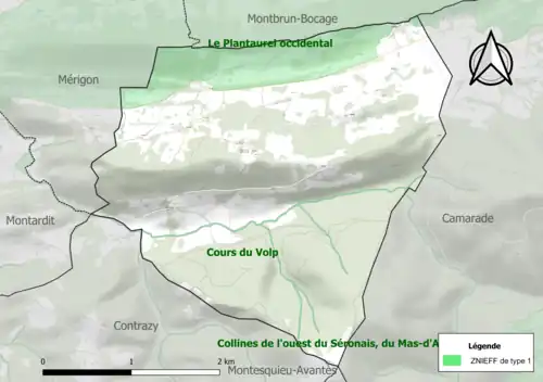 Carte des ZNIEFF de type 1 sur la commune.