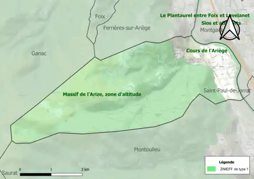 Carte des ZNIEFF de type 1 sur la commune.