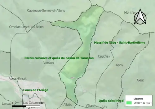 Carte des ZNIEFF de type 1 sur la commune.