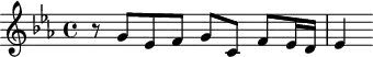 \version "2.18.2"
\header {
tagline = ##f
}
\score {
\new Staff \with {
}
<<
\relative c'' {
\key c \minor
\time 4/4
\set Staff.midiInstrument = #"harpsichord"
%% SUJET fugue CBT II-1, BWV 870, ut majeur
r8 g8 ees f g c, f ees16 d ees4
}
>>
\layout {
\context { \Score \remove "Metronome_mark_engraver"
}
}
\midi {}
}