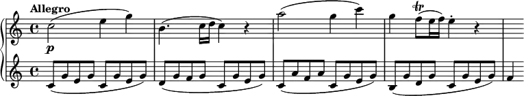 \new PianoStaff <<
\new Staff = "right" \with {
midiInstrument = "acoustic grand"
} \relative c'' {
\tempo "Allegro"
c2\p( e4 g) \noBreak
b,4.( c16 d c4) r \noBreak
a'2( g4 c) \noBreak
g f8\trill( e16 f) e4-. r \noBreak
s4
}
\new Staff = "left" \with {
midiInstrument = "acoustic grand"
} \relative c' {
c8( g' e g c, g' e g)
d( g f g c, g' e g)
c,( a' f a c, g' e g)
b,( g' d g c, g' e g)
f4
}
>>
\midi {
\context {
\Score
tempoWholesPerMinute = #(ly:make-moment 120 4)
}
}
