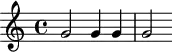 \version "2.18.2"
\header {
tagline = ##f
}
\score {
\new Staff \with {
}
<<
\relative c'' {
\key c \major
\time 4/4
g2 g4 g g2
}
>>
\layout {
\context {
\Score \remove "Metronome_mark_engraver"
}
}
\midi { \tempo 4 = 116}
}