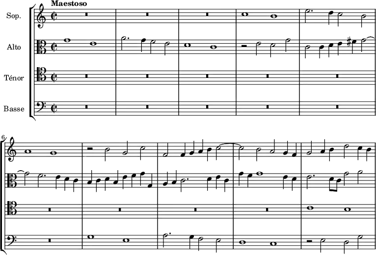  
\version "2.18.2"
\header {
  tagline = ##f
}

global= {
  \time 2/1
  \set Staff.timeSignatureFraction = 2/2
  \key c \major
  \tempo "Maestoso"
  \tempo 2 = 68
}

Soprano = \new Voice \relative c'' {
  \set Staff.instrumentName = #"Sop."
  \set Staff.midiInstrument = #"orchestral harp"
 
    R1*6 c1 b e2. d4 c2 b a1 g r2 b2 g c | f,2 f4 g a b c2~ c b a g4 f | g2 a4 b d2 c4 b
  
    %\addlyrics {    } % impossible de mettre le texte pour l'instant...
   
}

Alto = \new Voice \relative c' {
  \set Staff.instrumentName = #"Alto"
  \clef alto
  \set Staff.midiInstrument = #"orchestral harp" %recorder"
 
  g'1 e a2. g4 f2 e d1 c r2 e2 d g c, c4 d e fis g2~ g f2. e4 d c | b4 c d b e f g g, a b c2. d4 e c g' f g1 e4 d | e2. d8 c g'2 a

}

Tenor = \new Voice \relative c' {
  \set Staff.instrumentName = #"Ténor"
  \clef tenor
  \set Staff.midiInstrument = #"orchestral harp"

  R1*18 c1 b 

}

Basse = \new Voice \relative c {
  \set Staff.instrumentName = #"Basse"
  \clef bass
  \set Staff.midiInstrument = #"orchestral harp"

  R1*12 g'1 e a2. g4 f2 e d1 c r2 e2 d g
}

\score {
  \new StaffGroup <<
    \new Staff << \global \Soprano >>
    \new Staff << \global \Alto >>
    \new Staff << \global \Tenor >>
    \new Staff << \global \Basse >>
  >>
  \layout {
    #(layout-set-staff-size 17)
    \context {
      \Score
      %\remove "Metronome_mark_engraver"
      \override SpacingSpanner.common-shortest-duration = #(ly:make-moment 1/2)
    }
  }
  \midi { }
}
