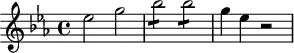 
\header {
  tagline = ##f
}

\score {
  \new Staff \with {

  }
<<
  \relative c'' {
    \key ees \major
    \time 4/4
    \override TupletBracket #'bracket-visibility = ##f 
    \autoBeamOff

     %%%%%%%%%%%%%%%%%%%%%%%%%% K16
     ees2 g bes2:8 bes2:8 g4 ees r2

  }
>>
  \layout {
    \context {
      \remove "Metronome_mark_engraver"
    }
  }
  \midi {}
}
