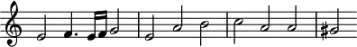 \header {
tagline = ##f
}
\score {
\new Staff \with {
\remove "Time_signature_engraver"
}
<<
\relative c' {
\key c \major
%\clef bass
\time 3/2
\override TupletBracket #'bracket-visibility = ##f
%%% f° 74v
e2 f4. e16 f g2 e a b c a a gis
}
>>
\layout {
\context { \Score \remove "Metronome_mark_engraver" }
}
\midi {}
}