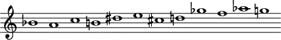 \version "2.18.2"
\header {
tagline = ##f
}
\score {
\new Staff \with {
\remove "Time_signature_engraver"
}
<<
\relative c'' {
\key c \major
\time 32/1
\tempo 1 = 80
\override TupletBracket #'bracket-visibility = ##f
%%%% Webern, série
bes1 a c b dis e cis d! ges f aes g!
}
>>
\layout {
\context { \Score \remove "Metronome_mark_engraver"
\override SpacingSpanner.common-shortest-duration = #(ly:make-moment 1/2)
}
}
\midi {}
}