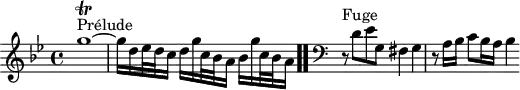 \version "2.18.2"
\header {
tagline = ##f
}
\score {
\new Staff \with {
%fontSize = #-2
}
<<
\relative c'' {
\key g \minor
\time 4/4
\set Staff.midiInstrument = #"harpsichord"
%% INCIPIT CBT I-16, BWV 861, sol mineur
s4*0^\markup{Prélude} g'1~\trill g16 d ees32 d c16 d g c,32 bes a16 bes16 g' c,32 bes a16
\bar ".."
\skip 8*1
%\once \override Staff.Clef.full-size-change = ##t
\override Staff.Clef.extra-offset = #'( -1 . 0 )
\clef bass
\partial 1
\relative c
r8^\markup{Fuge} d,8 ees g, fis4 g r8 a16 bes c8 bes16 a bes4
}
>>
\layout {
\context { \Score \remove "Metronome_mark_engraver"
\override SpacingSpanner.common-shortest-duration = #(ly:make-moment 1/2)
}
}
\midi {}
}