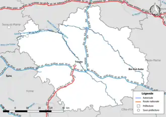 Carte du réseau routier national (autoroutes et routes nationales) dans le département de l'Aube