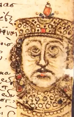 Dessin du portrait d'un homme couronné sur la page d'un manuscrit.