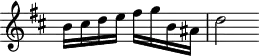 
\version "2.18.2"
\header {
  tagline = ##f
}

\score {
  \new Staff \with {
    \remove "Time_signature_engraver"
  }
<<
  \relative c'' {
    \key b \minor
    \time 4/4

     %% CODA du CONTRE-SUJET fugue CBT I-24, BWV 869, si mineur 
     \partial 2 b16 cis d e fis g b, ais | d2

  }
>>
  \layout {
     \context { \Score \remove "Metronome_mark_engraver" 
     %\override SpacingSpanner.common-shortest-duration = #(ly:make-moment 1/2) 
}
  }
  \midi {} 
}

