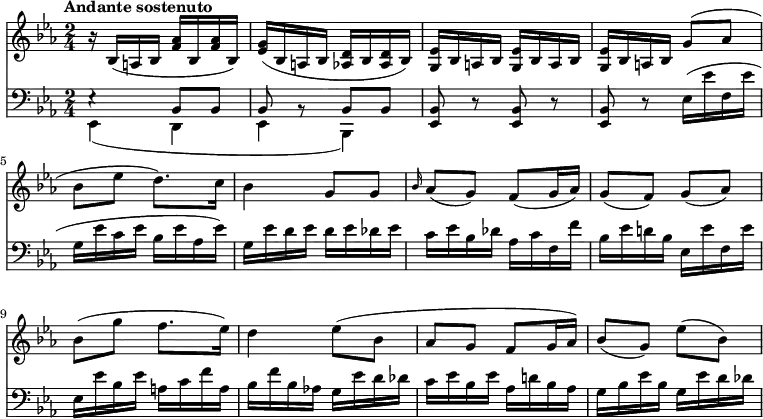 
\version "2.18.2"
<<
 \new Staff \relative c' {
         \clef "treble" 
         \tempo "Andante sostenuto"
         \key ees \major
         \time 2/4
         r16 bes (a bes <f' aes> bes, <f' aes> bes,)
         <ees g> (bes a bes <aes! d> bes <aes d> bes)
         <g ees'> bes a bes <g ees'> bes a bes
         <g ees'> bes a bes g'8 (aes bes ees d8.) c16
         bes4 g8 g
         \grace bes16 aes8 (g) f (g16 aes)
         g8 (f) g (aes)
         bes (g' f8. ees16)  
         d4 ees8 (bes aes g f g16 aes)
         bes8 (g) ees' (bes)
         
}
\new Staff  \relative c {      
         \clef "bass" 
         \key ees \major
         \time 2/4 
         \tempo 4 = 60
         <<{\stemDown ees,4 _ (d ees bes)} \\ { e'4 \rest   \stemUp   bes8 bes bes bes\rest bes bes}>>
         <ees, bes'>8 r <ees bes'> r
         <ees bes'> r ees'16 (ees' f, ees' g, ees'  c ees bes ees aes, ees')
         g, ees' d ees d ees des ees
         c ees bes des aes c f, f'
         bes, ees d! bes ees, ees' f, ees'
         ees, ees' bes ees a, c f a,
         bes f' bes, aes! g ees' d des
         c ees bes ees aes, d! bes aes
         g bes ees bes g ees' d des
         
}
>>
