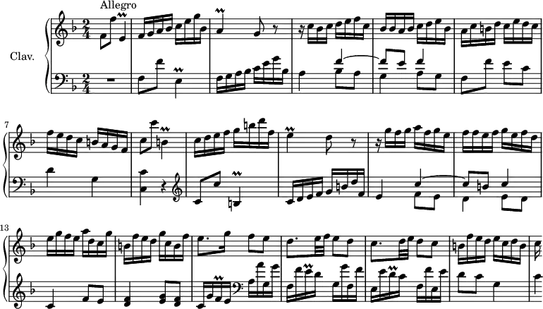 \version "2.18.2"
\header {
tagline = ##f
% composer = "Domenico Scarlatti"
% opus = "K. 257"
% meter = "Allegro"
}
%% les petites notes
trillEDown = { \tag #'print { e,4\prall } \tag #'midi { f32 e f e~ e8 } }
trillE = { \tag #'print { e4\prall } \tag #'midi { f32 e f e~ e8 } }
trillA = { \tag #'print { a4\prall } \tag #'midi { bes32 a bes a~ a8 } }
trillBDown = { \tag #'print { b,4\prall } \tag #'midi { c32 b c b~ b8 } }
trillFqq = { \tag #'print { f16\prall } \tag #'midi { \times 2/3 { f32 e f } } }
trillEqq = { \tag #'print { e16\prall } \tag #'midi { \times 2/3 { e32 d e } } }
trillDqq = { \tag #'print { d16\prall } \tag #'midi { \times 2/3 { d32 c d } } }
upper = \relative c'' {
\clef treble
\key f \major
\time 2/4
\tempo 4 = 92
\set Staff.midiInstrument = #"harpsichord"
\override TupletBracket.bracket-visibility = ##f
s8*0^\markup{Allegro}
f,8 f' \trillEDown | f16 g a bes c e g bes, | \trillA g8 r8 | r16 c bes c d e f c |
% ms. 5
bes16 bes a bes c d e bes | a c b! d c e d c | f e d c b a g f | c'8 c' \trillBDown |
% ms. 9
c16 d e f g b d f, | \trillE d8 r8 | r16 g16 f g a f g e | f f e f g e f d |
% ms. 13
e16 g f e a d, c g' | b, f' e d g c, b f' | e8. g16 f8 e | d8. e32 f e8 d |
% ms. 17
c8. d32 e d8 c | b16 f' e d e c d b | c
}
lower = \relative c' {
\clef bass
\key f \major
\time 2/4
\set Staff.midiInstrument = #"harpsichord"
\override TupletBracket.bracket-visibility = ##f
% ************************************** \appoggiatura a8 \repeat unfold 2 { } \times 2/3 { } \omit TupletNumber
R2 | f,8 f' \trillEDown | f16 g a bes c e g bes, | a4 << { f'4~ | f8 e f4 } \\ { bes,8 a | g4 a8 g } >>
% ms. 6
f8 f' e c | d4 g, | < c, c' >4 r4 \clef treble |
% ms. 9
c'8 c' \trillBDown |c16 d e f g b d f, | e4 << { c'4~ c8 b c4 } \\ { f,8 e | d4 e8 d } >>
% ms. 13
c4 f8 e | < d f >4 < e g >8 < d f > | c16 g' \trillFqq e16 \clef bass a, a' g, g' | f, f' \trillEqq d16 g, g' f, f' |
% ms. 17
e,16 e' \trillDqq c16 f, f' e, e' | d8 c g4 | c4*1/4
}
thePianoStaff = \new PianoStaff <<
\set PianoStaff.instrumentName = #"Clav."
\new Staff = "upper" \upper
\new Staff = "lower" \lower
>>
\score {
\keepWithTag #'print \thePianoStaff
\layout {
#(layout-set-staff-size 17)
\context {
\Score
\override SpacingSpanner.common-shortest-duration = #(ly:make-moment 1/2)
\remove "Metronome_mark_engraver"
}
}
}
\score {
\keepWithTag #'midi \thePianoStaff
\midi { }
}