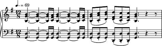 
\version "2.18.2"
\header {
  tagline = ##f
}
upper = \relative c'' {
  \clef treble 
  \key g \major
  \time 12/8
  \tempo 4. = 69
  %\override TupletBracket.bracket-visibility = ##f

   %%Schubert — Fantaisie D.894
   \repeat unfold 2 { < b g b, >4.~ < b g b, >4~ < b g b, >16 < a fis c > }
   < b g b, >8-.( < c a c, >-. < d b d, >-.) < d fis, d >-.( < c fis, c >-. q) < b g b, >4. r4 r8

}

lower = \relative c {
  \clef bass
  \key g \major
  \time 12/8

   \repeat unfold 2 { < d g, >4.~ < d g, >4~ < d g, >16 < d g, > }
   < d g, >8-.( q-. q-.) < d d, >-.( q-. q-.) < d g, >4. r4 r8
}

  \header {
    piece = ""
  }

\score {
  \new PianoStaff <<
    \new Staff = "upper" \upper
    \new Staff = "lower" \lower
  >>
  \layout {
    \context {
      \Score
      
    }
  }
  \midi { }
}
