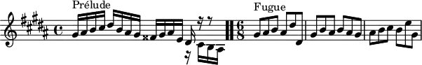 \version "2.18.2"
\header {
tagline = ##f
}
\score {
<<
\relative c'' {
\key gis \minor
\time 4/4
\set Staff.midiInstrument = #"harpsichord"
%% INCIPIT CBT II-18, BWV 887, sol-dièse mineur
<< { s8*0^\markup{Prélude} gis16 ais b cis dis b ais gis fisis gis ais e dis r16 r8 } \\ { s2. r16 cis b ais } >> \bar ".."
\time 6/8
s8*0^\markup{Fugue} gis'8 ais b ais dis dis, | gis b ais b ais gis ais b cis b e gis,
}
>>
\layout {
\context { \Score \remove "Metronome_mark_engraver"
\override SpacingSpanner.common-shortest-duration = #(ly:make-moment 1/2)
}
}
\midi {}
}