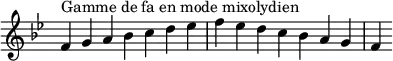 {
\override Score.TimeSignature #'stencil = ##f
\relative c' {
\key f \mixolydian
\clef treble \time 7/4
f4^\markup { Gamme de fa en mode mixolydien } g a bes c d es f es d c bes a g f
} }