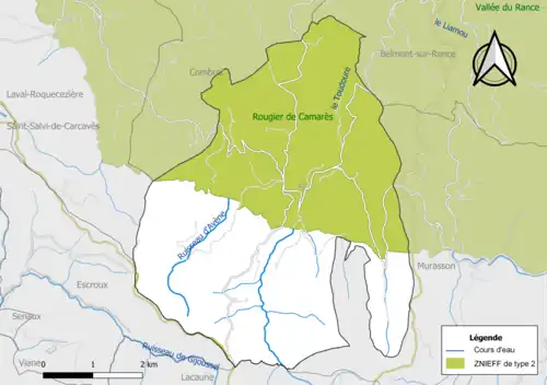 Carte de la ZNIEFF de type 2 de la commune.