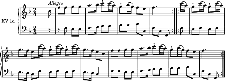 \version "2.14.2"
\header {
tagline = ##f
}
upper = \relative c'' {
\clef "treble"
\tempo "Allegro"
\key f \major
\time 2/4
\tempo 4 = 100
\tempo "Allegro"
\set Staff.midiInstrument = #"dulcimer"
\repeat volta 2 { s4. c8^\markup \italic { Allegro }
f f g g
a8. bes16 c8-! c16 (a)
g8-! bes16 (g) f8 e
f4.}
\repeat volta 2 { c'16 (a) g8-! c16 (a) g8-! c16 (a)
g8. f16 e8 c'16 (a)
g8-! c16 (a) g8-! c16 (a)
g8. f16 e8 c
f f g g
a8. bes16 c8-! c16 (a)
g8-! bes16 (g) f8 e
f4.
}
}
lower = \relative c {
\clef "bass"
\key f \major
\time 2/4
\set Staff.midiInstrument = #"harpsichord"
\repeat volta 2 { s4. r8
r8 f8 e e f8. g16 a 8 a bes bes c c,
f c f, }
\repeat volta 2 {
f'8
e f e f
e8. d16 c8 f
e f e f
e8. d16 c4
f8 f e e
f8. g16 a8 a
bes bes c c,
f c f,
}
}
\score {
\new PianoStaff <<
\set PianoStaff.instrumentName = #"KV 1c."
\new Staff = "upper" \upper
\new Staff = "lower" \lower
>>
\layout {
\context {
\Score
\remove "Metronome_mark_engraver"
}
}
\midi { }
}