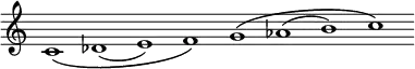 \new Staff = "haut" \with {\remove "Time_signature_engraver"}{
\cadenzaOn
\relative c' {c1\( des( e) f\) g\( aes( b) c\)}
}
