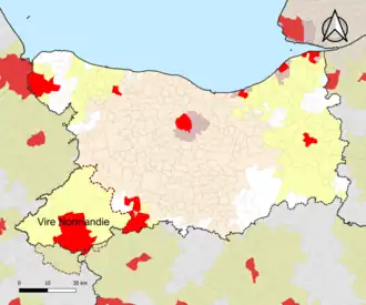 Localisation de l'aire d'attraction de Vire Normandie dans le département du Calvados.