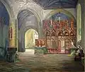Arthur Midy ː Intérieur de la chapelle Saint-Fiacre, Le Faouët (non daté, huile sur toile, Musée du Faouët).