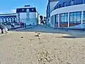 La rue des Professeurs Curie envahie par le sable et les galets après les tempêtes de la fin janvier et du début de février 2014 (juste en arrière de l'immeuble de la thalassothérapie)