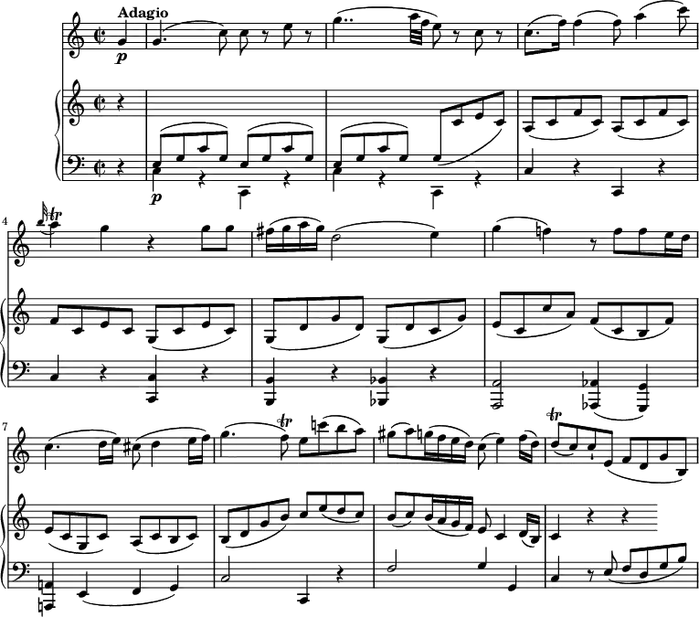 \version "2.18.2"
\header {
tagline = ##f
}
upper = \relative c {
\key c \major
\time 2/2
\tempo 4 = 60
\set Staff.midiMinimumVolume = #0.2 \set Staff.midiMaximumVolume = #0.5
\partial4 r4 \change Staff =lower
\stemUp e8\p ^(g c g) e ^ (g c g)
e ^ (g c g) g (\change Staff =upper c e c)
a (c f c) a (c f c)
f c e c) g (c e c)
g (d' g d) g, (d' c g')
e (c c' a) f (c b f')
e (c g c) a (c b c)
b (d g b) c e (d c)
b (c) b16 (a g f) e8 c4 d16 (b)
c4 r r
}
lower = \relative c {
\clef bass
\key c \major
\time 2/2
\set Staff.midiMinimumVolume = #0.2 \set Staff.midiMaximumVolume = #0.5
\partial4 r4
\stemDown c g\rest c, g'\rest
c g\rest c, g'\rest
\stemUp c r c, r
c' r <c, c'> r
<b b'> r <bes bes'> r
<a a'>2 <aes aes'>4 (<g g'>)
<a! a'!> e' (f g)
c2 c,4 r
f'2 g4 g,
c r8 e (f d g b)
}
vl = \relative c'' {
\key c \major
\time 2/2
\partial 4 g4\p^ \markup \bold {{"Adagio"}}
g4. (c8) c r8 e r8
g4.. (a32 f e8) r8 c r8
c8. (f16) f4 (f8) a4 (c8)
\grace b32 (a4)\trill g r4 g8 g
fis16 (g a g) d2 (e4)
g (f!) r8 f f e16 d
c4. (d16 e) cis8 (d4 e16 f)
g4. (f8\trill) e c'! (b a)
gis (a) g16 (f e d) c8 (e4) f16 (d)
d8\trill (c) c-! e, (f d g b,)
}
\score {
\new GrandStaff <<
\new PianoStaff <<
\new Staff = "upper" \upper
\new Staff = "lower" \lower
\set Staff.midiMinimumVolume = #0.2 \set Staff.midiMaximumVolume = #0.5
>>
\new Staff = "vl" \vl
>>
\layout {
\context {
\Score
\remove "Metronome_mark_engraver"
}
}
\midi { }
}