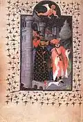 Le duc de Berry partant en pèlerinage. Miniature des frères de Limbourg ajoutée aux Petites Heures du duc de Berry.