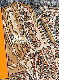 Emplacement de la future rue Visconti (pastille claire) sur le plan de Belleforest de 1575. La rue est tracée sur "LEPRE AV CLERS" ("le pré aux clercs"), zone alors consacrée à des activités ludiques comme on peut le voir sur ce plan.
