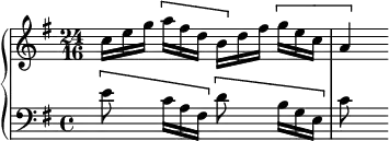 
\version "2.18.2"
\header {
  tagline = ##f
}

upper = \relative c'' {
    \clef treble 
    \key g \major
    \time 4/4
    \set Staff.timeSignatureFraction = 24/16
    \scaleDurations 2/3
    \tempo 4 = 68
    \set Staff.midiInstrument = #"harpsichord" 
    \override TupletBracket.bracket-visibility = ##f

     %% PRÉLUDE CBT I-15, BWV 860, sol majeur
     \times 2/3 { c16[ e g] \[ a[ fis d] b[ \] d fis]\[ g[ e c]  }
{ 
 % suppression des warnings :
 %#(ly:set-option 'warning-as-error #f)
 %#(ly:expect-warning (_ "stem does not fit in beam")) %% <= à traduire éventuellement
 %#(ly:expect-warning (_ "beam was started here")) %% <= à traduire éventuellement
  %\set stemRightBeamCount = #2
  a4*1/4[ s]
} \]

}

lower = \relative c' {
    \clef bass 
    \key g \major
    \time 4/4
    \set Staff.midiInstrument = #"harpsichord" 
    %\override TupletBracket.bracket-visibility = ##f
  \set Score.currentBarNumber = #16
  %\context Score \applyContext #(set-bar-number-visibility 4)
  \bar ""
    \partial 2
    \[ e8 \times 2/3 { c16[ a fis] } \] \[ d'8 \times 2/3 { b16[ g e] } \] c'8
} 

\score {
  \new PianoStaff <<
    \set PianoStaff.instrumentName = #""
    \new Staff = "upper" \upper
    \new Staff = "lower" \lower
  >>
  \layout {
    \context {
      \Score
      \omit TupletNumber
      \remove "Metronome_mark_engraver"
      %\override SpacingSpanner.common-shortest-duration = #(ly:make-moment 1/2)
    }
  }
  \midi { }
}
