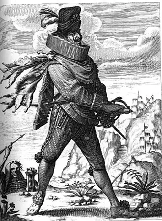 gravure d'un personnage outrancier : fraise énorme, habit chamaré, attitude hautaine