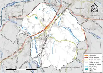 Carte en couleur présentant le réseau hydrographique de la commune