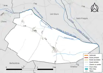 Carte en couleur présentant le réseau hydrographique de la commune