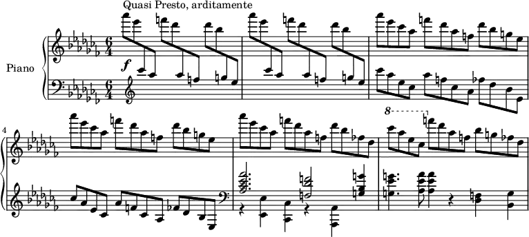 
\version "2.18.2"
\header {
  tagline=##f
}
upper=\relative c'' {
  \clef treble
  \key aes \minor
  \time 6/4
  \tempo 4=238
  \tempo "Quasi Presto, arditamente"
  \set Staff.midiInstrument=#"acoustic grand"

   s4*0\f^\markup{Quasi Presto, arditamente}
   \repeat unfold 2 {
   aes''8[ ees \change Staff="lower" \stemUp \clef treble  ces8 aes]
   \change Staff="upper" \stemDown f'8[ des \change Staff="lower" \stemUp  aes8 f] 
   \change Staff="upper" \stemDown des'8 bes \change Staff="lower" \stemUp g8 ees|\change Staff="upper" \stemDown
   }
   % ms. 3-4
   \repeat unfold 2 {
   \change Staff="upper" \stemDown aes'8 ees ces aes  f'[ des aes f]  des' bes g ees
   }

   % ms. 5
   aes'8 ees ces aes  f'[ des aes f]  des' bes fes des

   % ms. 6
   \ottava #1
   \set Staff.ottavation=#"8"
   ces''8[ aes ees ces]
   \ottava #0
   f[ des aes f] bes g fes des 
   

}

lower=\relative c' {
  \clef bass
  \key aes \minor
  \time 6/4
  \set Staff.midiInstrument=#"acoustic grand"

  s1*3 \clef treble 
  ces''8[ aes ees ces]  aes'[ f ces aes]  fes'[ des bes ees,]
 
  % ms. 4
  ces'8 aes ees ces  aes'[ f ces  aes] fes' des bes ees,

  % ms. 5
  \clef bass
  << { < aes ces ees aes >2. < f des' f >2 < g bes g' >4 } \\ { r4 < ees, ees' >4 < ces ces' > r4 < aes aes' >4 } >>
  
  % ms. 6
  < g'' ees' g >4. < aes ees' aes >8 q4 r4 < des, f >4 < bes g' >

}

\score {
  \new PianoStaff <<
    \set PianoStaff.instrumentName=#"Piano"
    \new Staff="upper" \upper
    \new Staff="lower" \lower
  >>
  \layout {
    #(layout-set-staff-size 16)
    \context {
      \Score
      \override SpacingSpanner.common-shortest-duration=#(ly:make-moment 1/3)
      \remove "Metronome_mark_engraver"
    }
  }
  \midi { }
}
