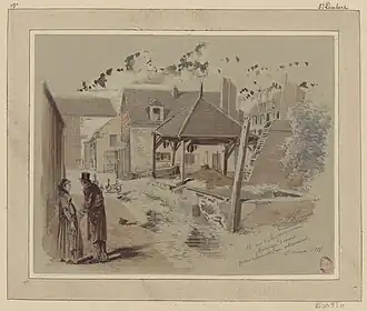 No&nbsp;16 : ancien manège d'eau pour alimenter un abreuvoir (dessin de Jules-Adolphe Chauvet, 1886).
