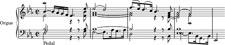 
\version "2.14.2"
\header {
  tagline = ##f
}
upper = \relative c'' {
  \clef treble 
  \key ees \major
  \time 2/2
  \tempo 2 = 50
  %\autoBeamOff

   << { bes4~\mordent bes16 aes g f ees4. ees'8 } \\ { ees,2 r4 r8 < bes' ees, >8 } >>
   << { ees2( d) } \\ { < aes f >1~ } >>
   << { f'8.( ees16) d8.( c16) bes4. aes8 } \\ { < aes f >2 r4 r8 < f d >8~ } >>
   << { aes2( g) } \\ { < f d >2 ees2\mordent } >>
   s2
}

lower = \relative c {
  \clef bass
  \key ees \major
  \time 2/2
    
   << { bes'2 s4 s8 bes8 } \\ { ees,2_"Pedal" r4 r8 g8 } \\ { g2 r4 r8 }   >>
   << { bes1~ } \\ { f2~ f8. aes16 g8. aes16 } >>
   << { bes2 r4 r8 bes8 } \\ { d,2 r4 r8 bes8 } >>
   << { < bes' ees, >1 } \\ { ees,2~ ees8. bes16 g8. bes16 } >> | 
   ees,2
}

\score {
  \new PianoStaff <<
    \set PianoStaff.instrumentName = #"Orgue"
    \new Staff = "upper" \upper
    \new Staff = "lower" \lower
  >>
  \layout {
    \context {
      \Score
      \remove "Metronome_mark_engraver"
    }
  }
  \midi { }
}
