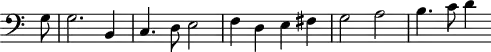 
\version "2.18.2"
\header {
  tagline = ##f
}

\score {
  \new Staff \with {
    \remove "Time_signature_engraver"
  }
  \relative c {
    \key c \major
    \time 2/2
    \tempo 2 = 60
    \clef bass
    %\set Score.currentBarNumber = #30
    \override Rest #'style = #'classical
    \set Staff.midiInstrument = #"harpsichord"

    % Continuo - DTO p. 60
    \partial 8 g'8 | g2. b,4 | c4. d8 e2 | f4 d4 e fis | g2 a | b4. c8 d4

  }
  \layout {
    \context {
      \Score
      \remove "Metronome_mark_engraver"
    }
  }
  \midi {}
}
