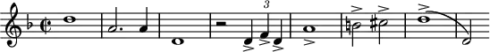 \header {
tagline = ##f
}
\score {
\new Staff \with {
}
<<
\relative c'' {
\key f \major
\time 2/2
\tempo 2 = 80
\override TupletBracket #'bracket-visibility = ##f
\autoBeamOff
\set Staff.midiInstrument = #"french horn"
%% AB 3-1 th1
d1 a2. a4 d,1 r2 \times 2/3 { d4-> f-> d-> } a'1-> b!2-> cis-> d1->( d,2)
}
>>
\layout {
\context { \Score \remove "Metronome_mark_engraver"
}
}
\midi {}
}