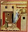 illustration médiévale du taccuino sanitatis montrant le soutirage du vinaigre.A