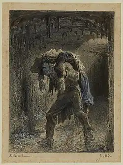 Jean Valjean porte Marius blessé à travers l'intestin du Léviathan. Dessin d'Alphonse de Neuville.