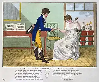 Caricature en couleur. Un jeune gandin tend un billet doux à une demoiselle rougissante