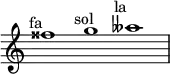 \relative c'' {
\time 3/1
\override Staff.TimeSignature #'stencil = ##f
fisis1^\markup { \center-align "fa 𝄪" }
g^\markup { \center-align "sol" }
aeses^\markup { \center-align "la 𝄫" }
}