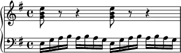 \version "2.18.2"
\header {
tagline = ##f
}
upper = \relative c'' {
\clef treble
\key e \minor
\time 4/4
\tempo 4 = 63
\set Staff.midiInstrument = #"harpsichord"
%% PRÉLUDE Klavierbüchlein, BWV 855a, mi mineur
\repeat unfold 2 { < e b g >8 r8 r4 }
}
lower = \relative c {
\clef bass
\key e \minor
\time 4/4
\set Staff.midiInstrument = #"harpsichord"
\repeat unfold 2 { e16 g a b a b a g }
}
\score {
\new PianoStaff <<
\set PianoStaff.instrumentName = #""
\new Staff = "upper" \upper
\new Staff = "lower" \lower
>>
\layout {
\context {
\Score
\remove "Metronome_mark_engraver"
%\override SpacingSpanner.common-shortest-duration = #(ly:make-moment 1/3)
}
}
\midi { }
}