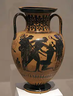Thésée tuant le Minotaure. Cratère à figures noires. Vers 480 av. J.-C.